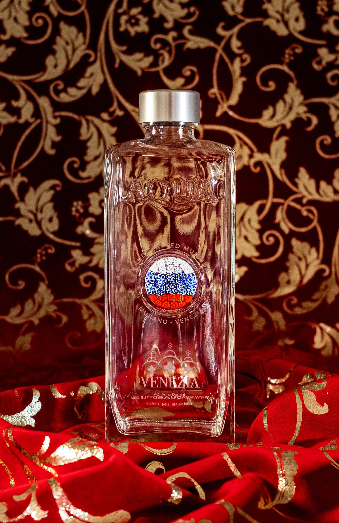 Bottiglia in Vetro decorata con Murrina di Murano - Bianco-Azzurro-Rosso