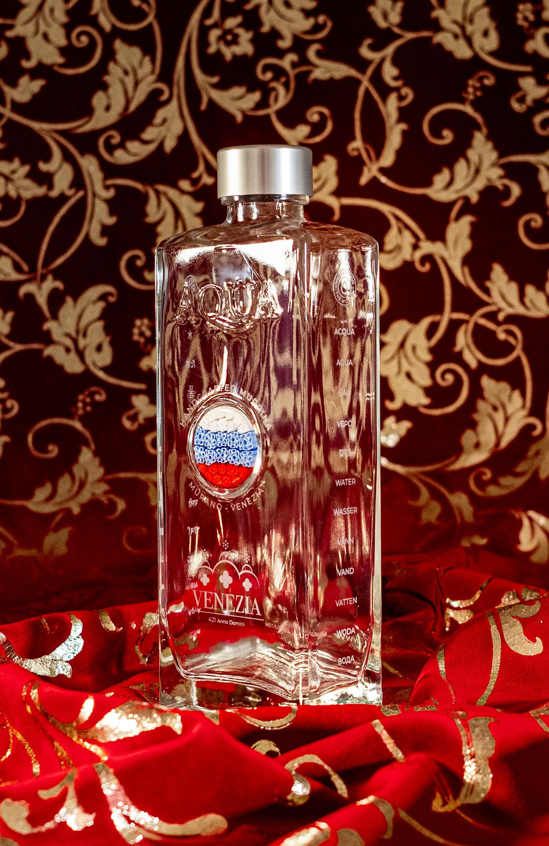 Bottiglia in Vetro decorata con Murrina di Murano - Bianco-Azzurro-Rosso