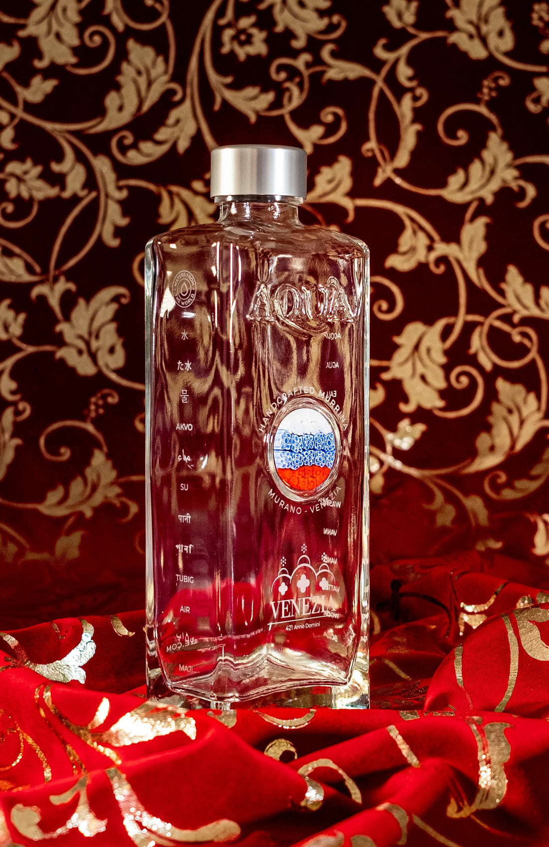 Bottiglia in Vetro decorata con Murrina di Murano - Bianco-Azzurro-Rosso