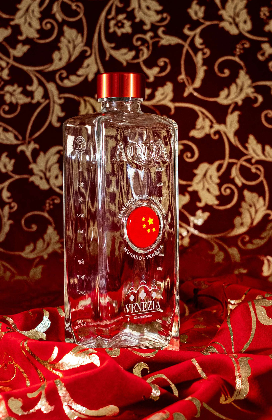 Bottiglia in Vetro decorata con Murrina di Murano - Rosso-Giallo