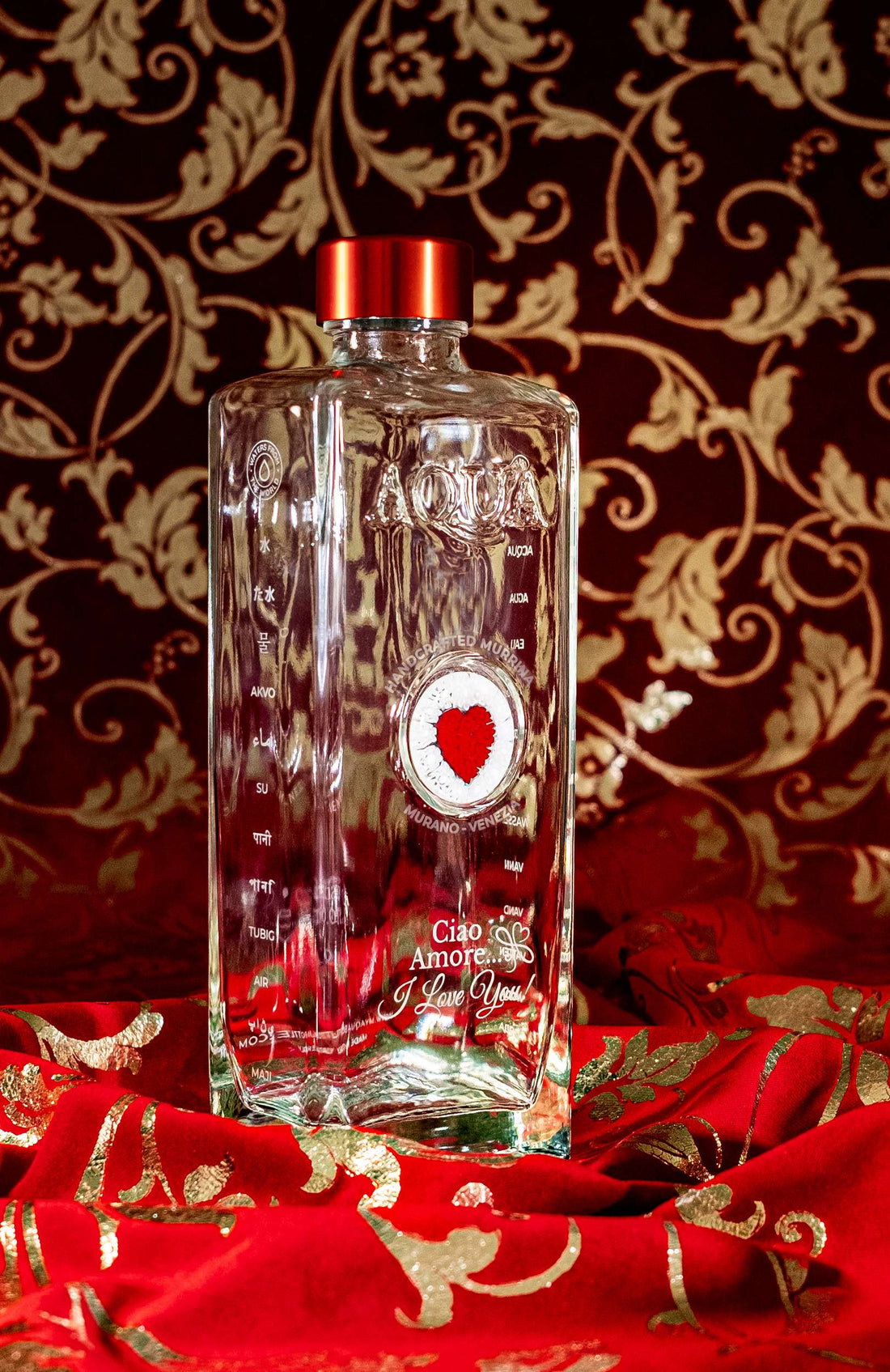 Bottiglia in Vetro decorata con Murrina di Murano - Cuore Rosso - Ciao Amore... I LOVE YOU