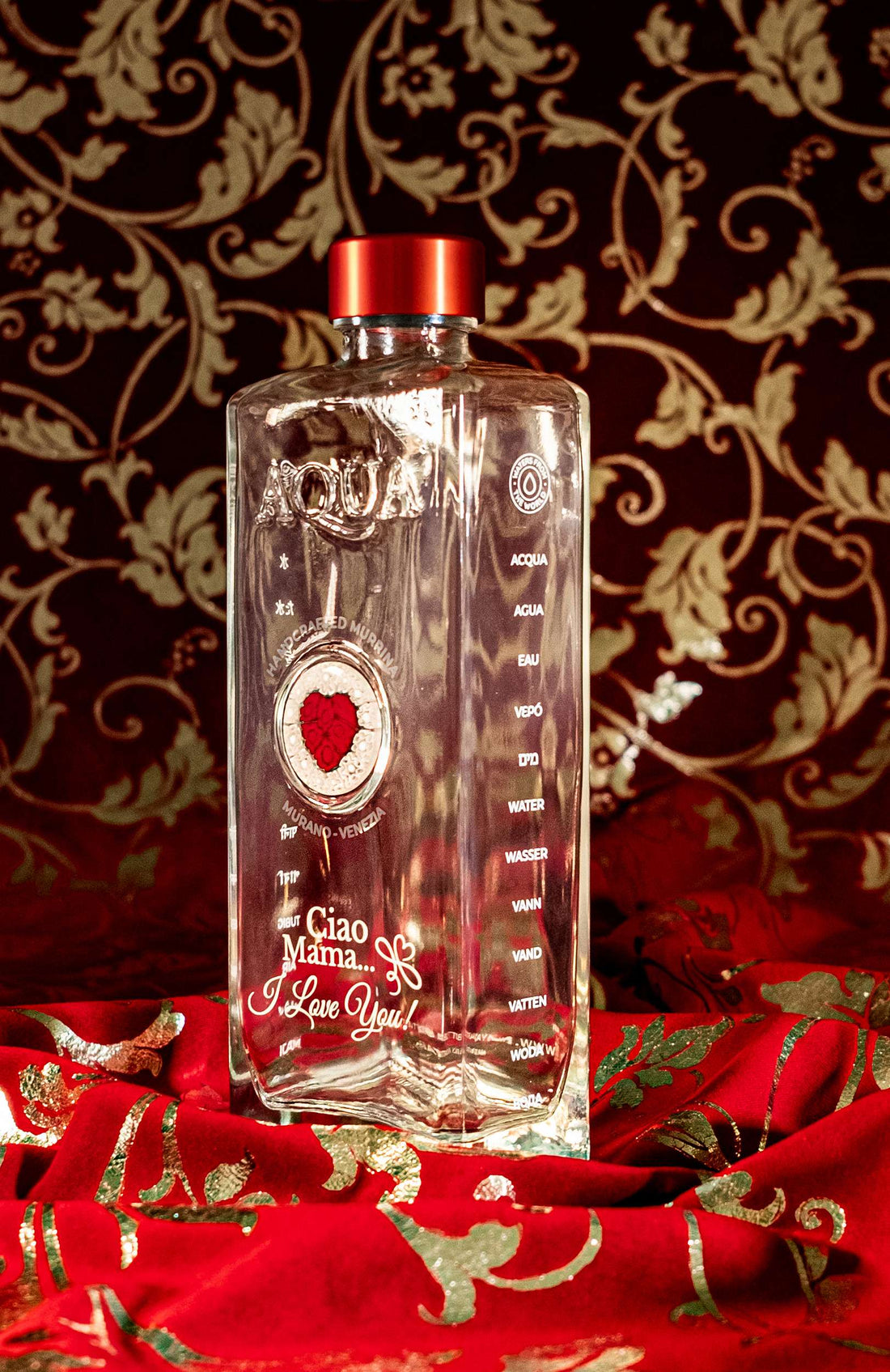 Bottiglia in Vetro decorata con Murrina di Murano - Cuore Rosso - Ciao Mama... I LOVE YOU
