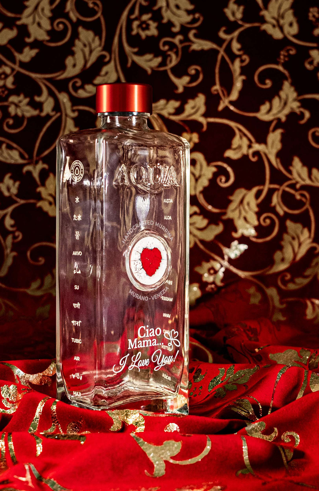 Bottiglia in Vetro decorata con Murrina di Murano - Cuore Rosso - Ciao Mama... I LOVE YOU