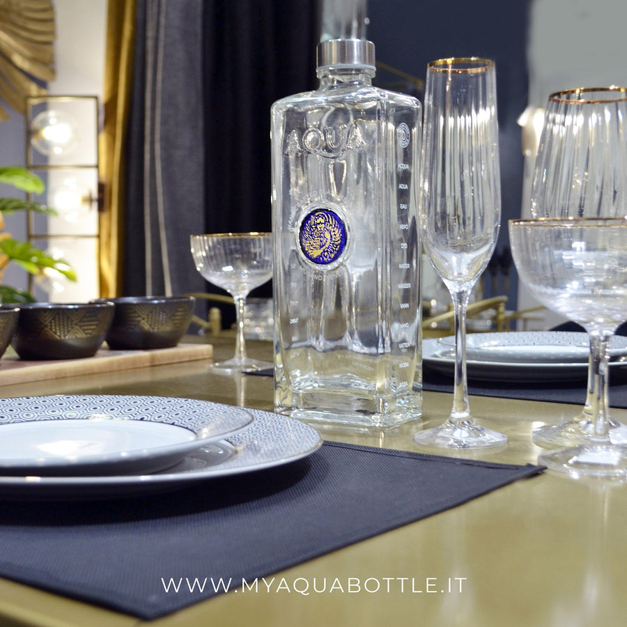 Bottiglia in Vetro decorata con Medaglione in Vetro di Murano - Blu Cobalto Leone Oro - My AQUA Bottle