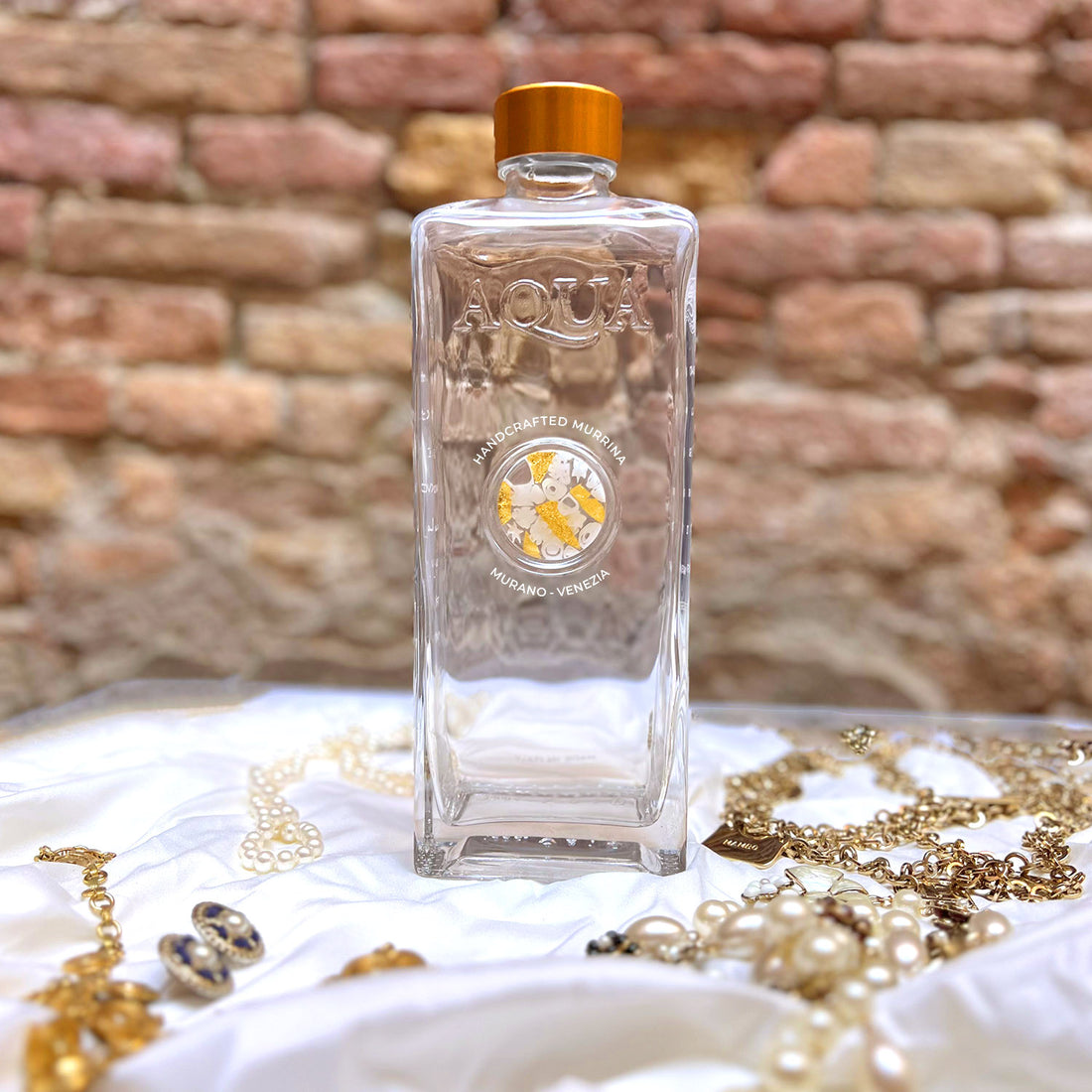Bottiglia in Vetro decorata con Murrina di Murano - Bianca & Oro 24Kt - My AQUA Bottle