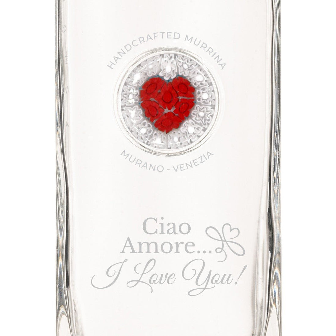 Bottiglia in Vetro decorata con Murrina di Murano - Cuore Rosso - Ciao Amore... I LOVE YOU - My AQUA Bottle