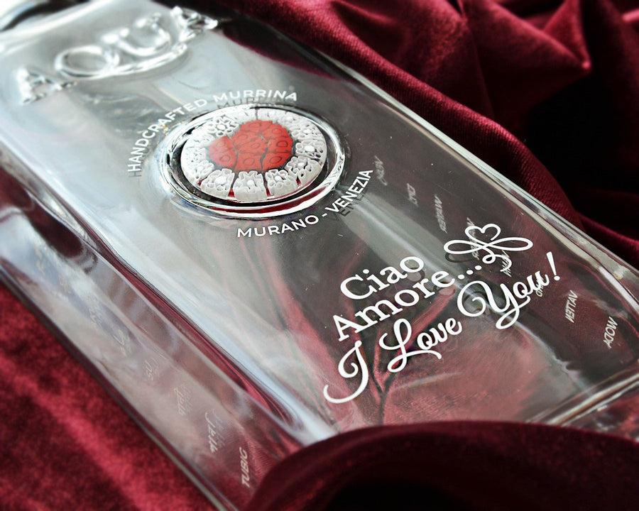 Bottiglia in Vetro decorata con Murrina di Murano - Cuore Rosso - Ciao Amore... I LOVE YOU - My AQUA Bottle