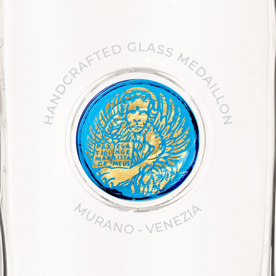 Bottiglia in Vetro decorata con Medaglione in Vetro di Murano - Azzurro Leone Oro - My AQUA Bottle