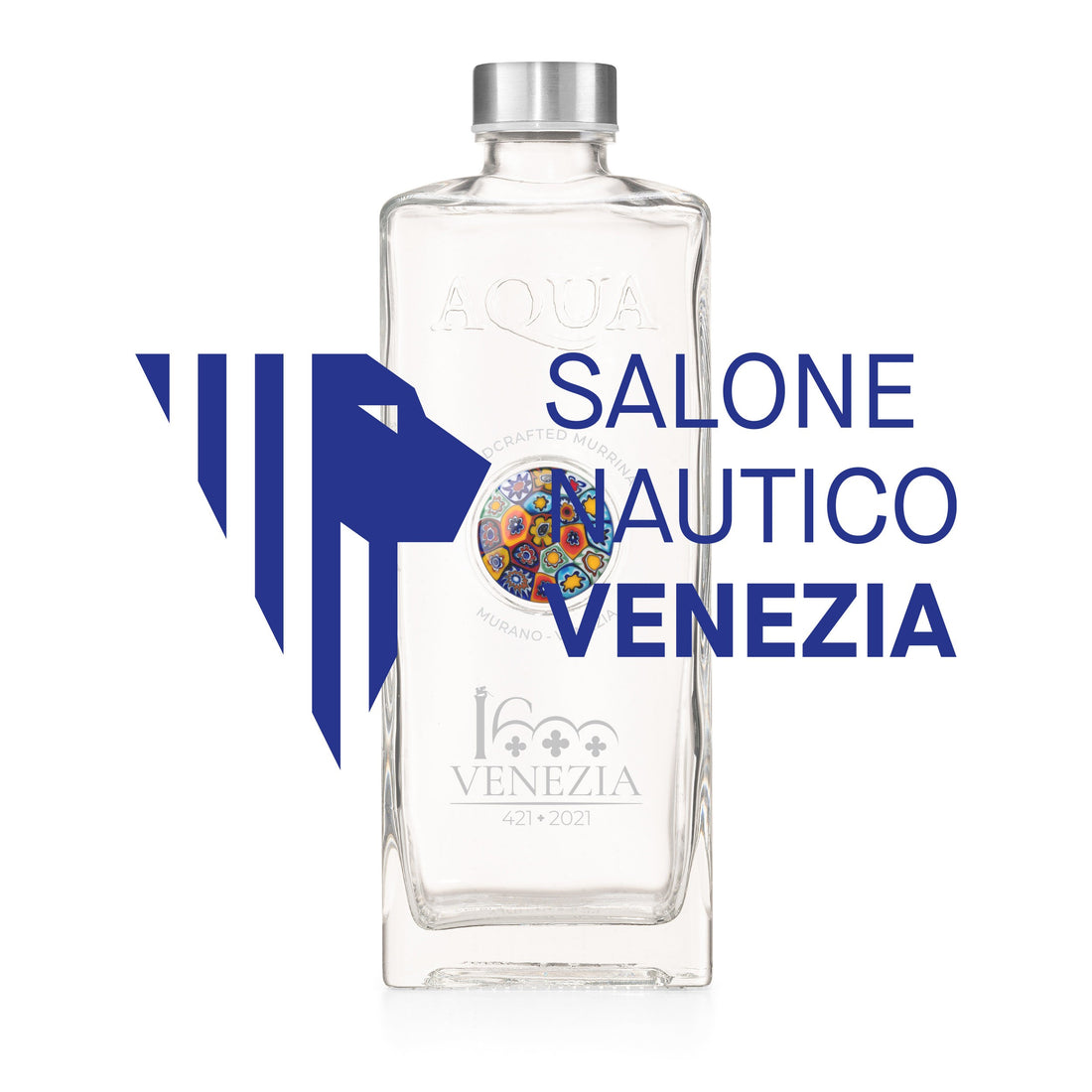 Bottiglia in Vetro decorata con Murrina di Murano - Multicolor Rossa Logo Salone Nautico 2023 e Logo 1600 anni di Venezia - My AQUA Bottle