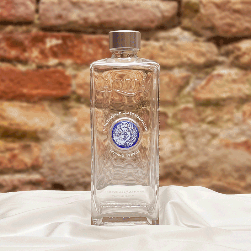 Bottiglia in Vetro decorata con Medaglione in Vetro di Murano - Bluino Leone Bianco - My AQUA Bottle
